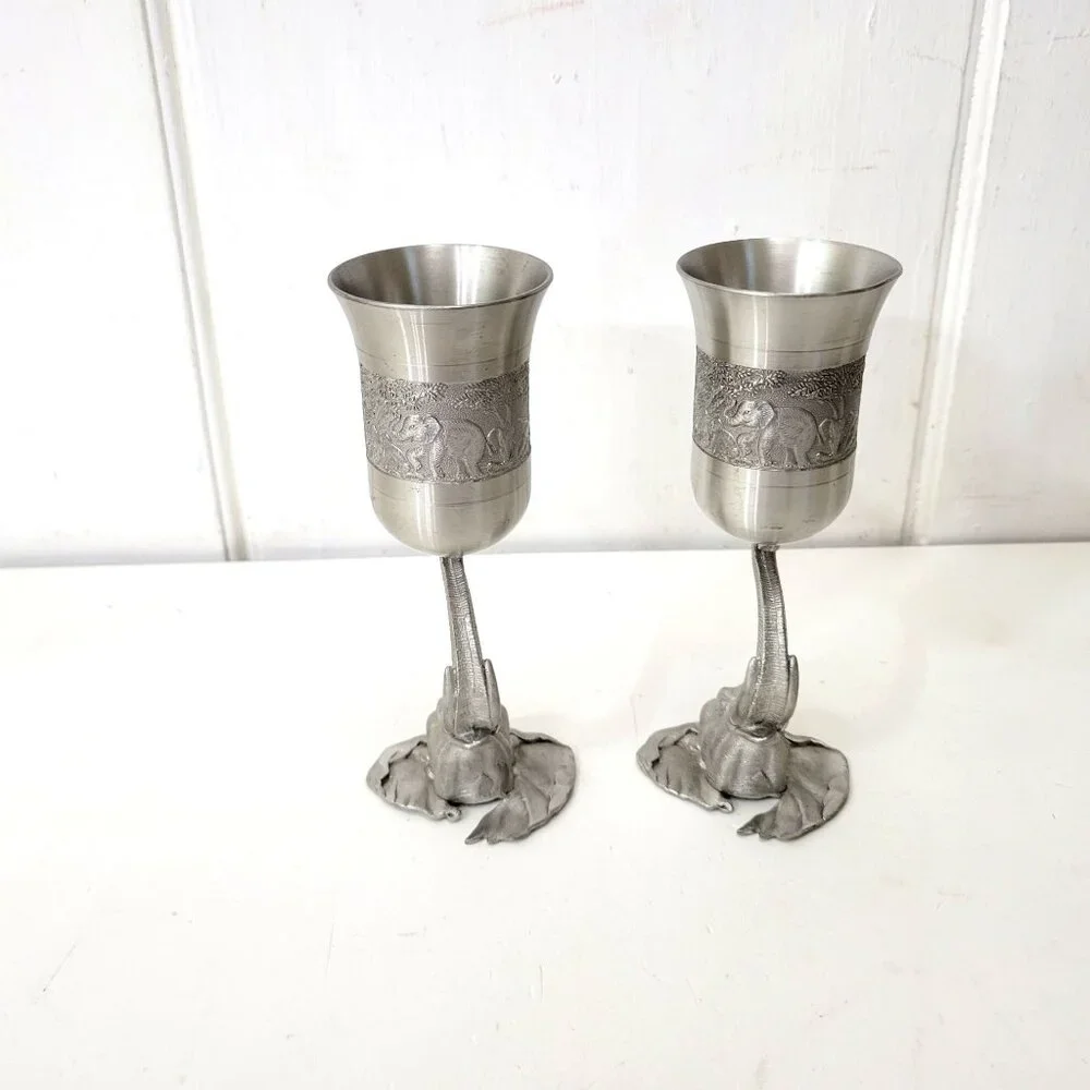 Elephant-Themed Pewter Wine Goblets Pair - Picture 9 of 11